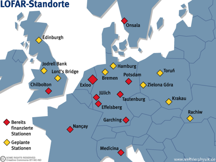 Europakarte mit bereits finanzierten (rot) und geplanten (gelb) LOFAR-Stationen, Stand 2010.
