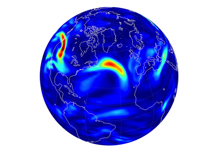 Simulation der Luftströmungen auf der Erde. Rote und gelbe Flecken zeigen turbulenzen an, diese finden sich hauptsächlich über dem Atlantik.