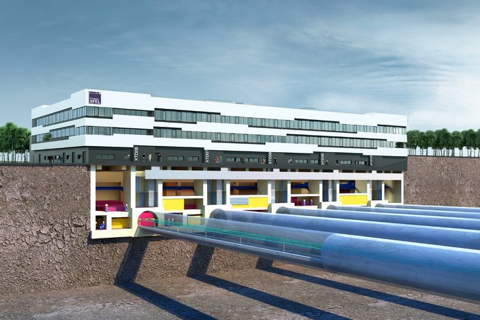 Bildmontage der unterirdischen Experimentierhalle am European XFEL Der 3,4 Kilometer lange Tunnel des European XFEL reicht vom DESY-Gelände in Hamburg bis zur unterirdischen Experimentierhalle in Schenefeld. Die Bildmontage zeigt das Ende des Tunnels, der in den verschiedenen Räumen der unterirdischen Experimentierhallen mündet.
