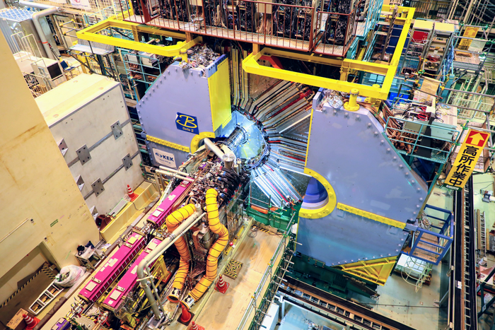 Der Belle-II-Detektor Blick von oben auf eine rosafarbene Metallröhre, die in eine Metallscheibe mündet. Zum Berührungspunkt hin laufen strahlenförmig Metallleisten.