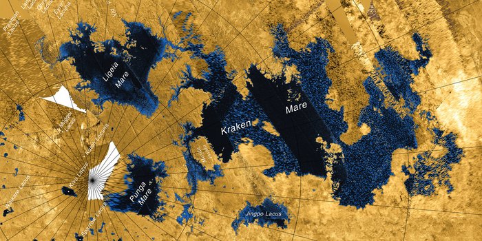 Seen auf Titan Landkarte: Die Radaraufnahme der Oberfläche des Saturnmonds Titan zeigt zahlreiche Seen aus flüssigem Methan.