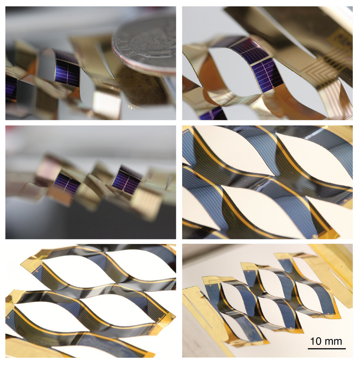 Kirigami-Solarzelle Durch den Schnitt der Solarzelle in kleine Streifen, die jeweils noch an drei Punkten miteinander verbunden sind, entsteht ein wellenartiges Muster bei Verformung.