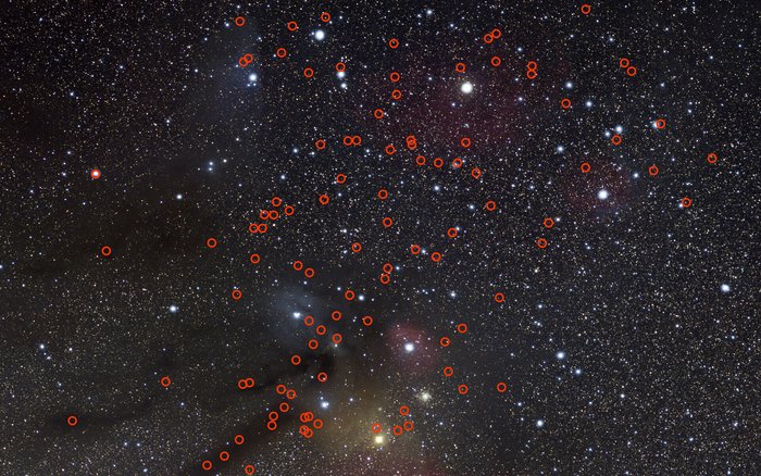 Freifliegende Planeten Sternenhimmel; durch rote Kreise sind sehr viele Himmelskörper markiert