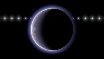 Runder Himmelskörper im Vordergrund, der von einer hell schimmernden Hülle umgeben ist. Im Hintergrund mehrere helle Punkte