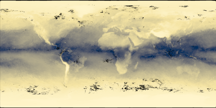 Weltkarte mit dunklen Markierungen für die Stellen mit besonders hohem Wasserdampfgehalt. Dieser ist besonders rund um den Erdäquator hoch.