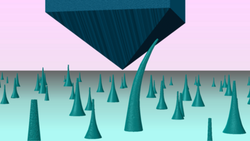 Die künstlerische Darstellung zeigt Nadeln, die auf einer Fläche stehen. Von oben berührt ein pyramidenförmiges Objekt die Nadeln und verbiegt sie nach rechts.