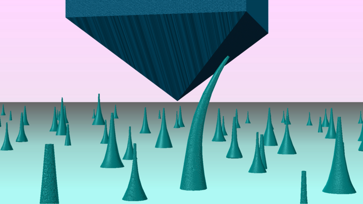 Nanonadeln aus Diamant verbiegen sich unter Druck | Quelle: Y. Lu/A. Banerjee/D. Bernoulli/H. Zhang/M. Dao/S. Suresh Die künstlerische Darstellung zeigt Nadeln, die auf einer Fläche stehen. Von oben berührt ein pyramidenförmiges Objekt die Nadeln und verbiegt sie nach rechts.