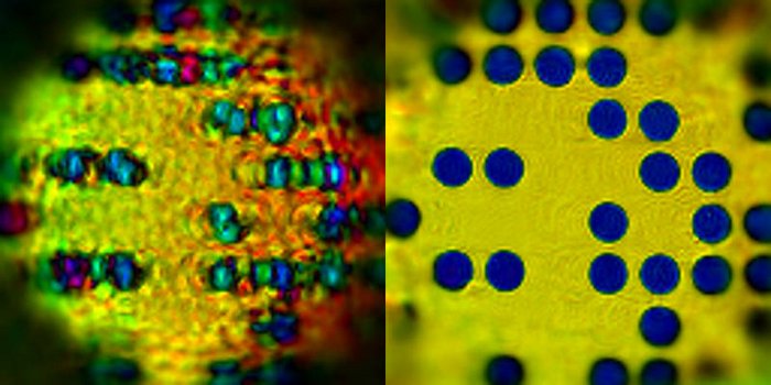 Zwei Bilder nebeneinande, links sind verschwommen Punkte auf einer Fläche in vielen Farbabstufungen zu sehen, rechts sind die Punkte klar umrissen und das Bild hat nur zwei verschiedene Farben.