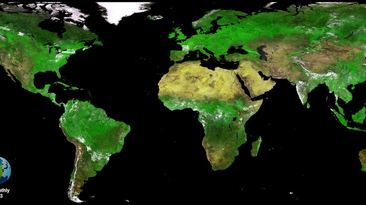 Aufnahme des Globus vom Proba-V-Satelliten, Bildquelle: ESA; Lizenz: gemäß den Bedingungen der Quelle Eine Satellitenaufnahme des Globus. Es dominiert der Eindruck von reichhaltiger Vegetation.