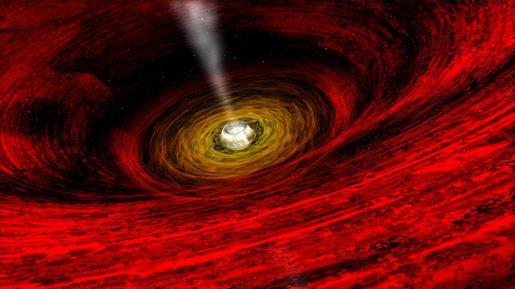 Künstlerische Darstellung der Umgebung eines Schwarzen Lochs, Bildquelle: April Hobart, CXC; Lizenz: gemäß den Bedingungen der Quelle