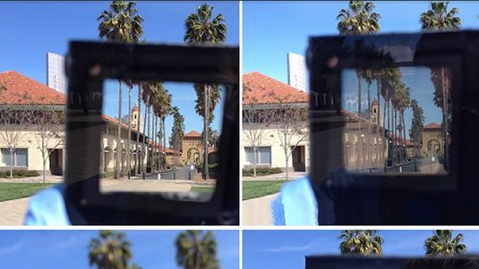 Zwei Fotos einer palmenbewachsenen Straße, links betrachtet durch eine abgedunkelte Fensterscheibe, rechts betrachtet durch eine transparente Fensterscheibe