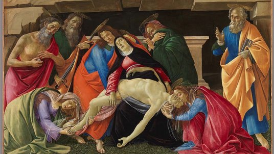 Ölgemälde: Der tote Jesus wird von sieben umstehenden Personen betrauert