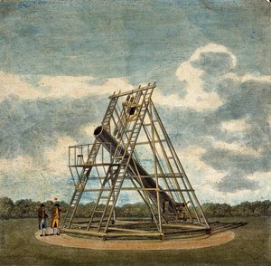 Gemälde eines großen Teleskops in einem Holzgestell