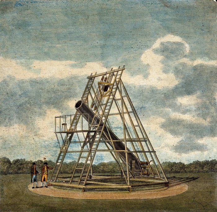 Gemälde eines großen Teleskops in einem Holzgestell