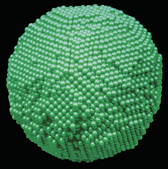Cluster Modelldarstellung eines Clusters, kugelförmige Struktur, die aus kleinen, grünen Kügelchen zusammengesetzt ist..
