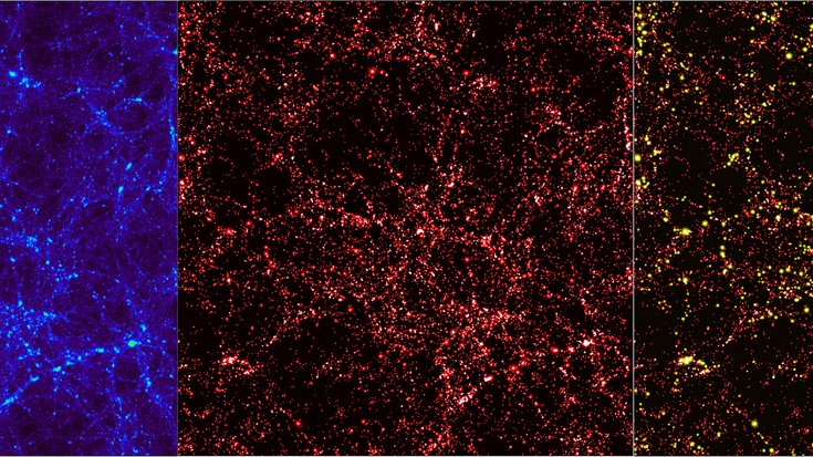Simulierte Verteilung der Dunklen Materie, Bildquelle: The Virgo Consortium/Alexandre Amblard/ESA; Lizenz: gemäß den Bedingungen der Quelle Eine simulierte Verteilung der Dunklen Materie drei Milliarden Jahre nach dem Urknall – Axionen gelten als Kandidaten für die Dunkle Materie.