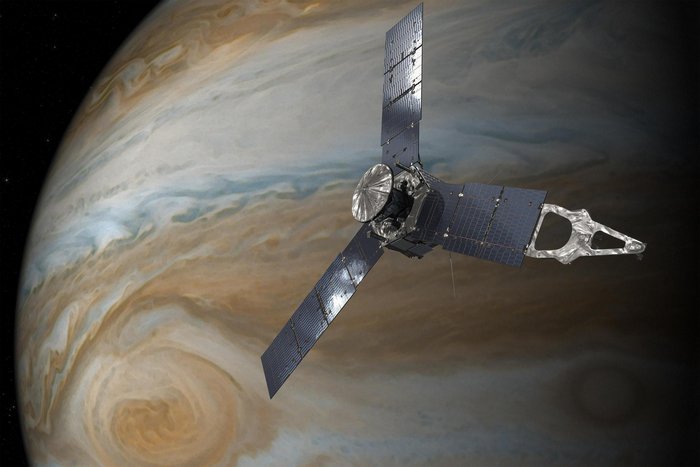 Künstlerische Darstellung eines Satellit vor dem Planeten Jupiter