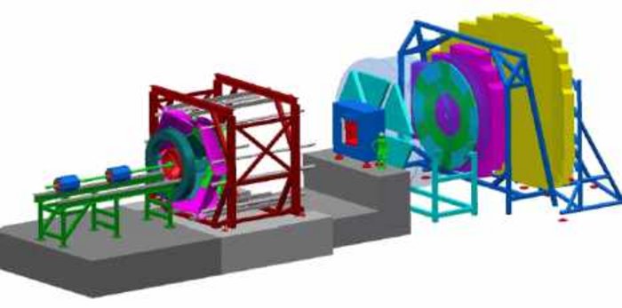 Schema des geplanten CBM-Experimentaufbaus bei FAIR Skizze mehrerer verschiedenfarbiger technischer Komponenten.