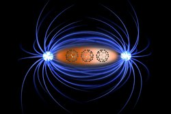 Die Illustration zeigt eine Fläche in der Mitte mit drei Molekülsymbolen, die von Linien umgeben sind, die links und rechts der Fläche beginnen und dann oben und unten in Halbellipsen verlaufen.