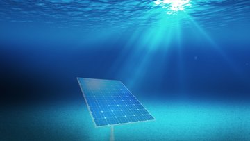 Grafik eines Solarmoduls unter Wasser, am oberen Bildrand sieht man Sonnenstrahlen, die ins Wasser reichen