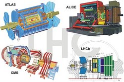 Konstruktionszeichnungen von vier hausgroßen Nachweisgeräten für Elementarteilchen. Jede dieser riesigen Apparaturen besteht aus einer Vielzahl von komplexen technischen Komponenten.