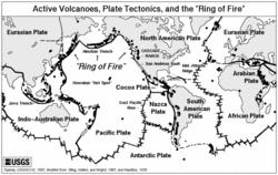 Weltkarte mit Kontinenten. Schwarze Linien markieren Grenzen der Kontinentalplatten. Schwarze Punkte kennzeichnen Vulkane, fast alle sind an Plattengrenzen. Um die Pazifische Platte herum befindet sich eine Linienkette, die "Feuerring" genannt wird. Viele Vulkane auf dem Feuerring.