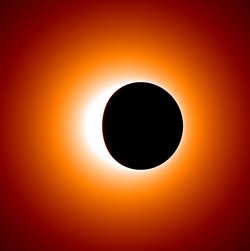 Vor einem roten Hintergrund befindet sich ein eine schwarze Fläche, die auf der rechten Seite zwar kreisrund, auf der linken Seite aber oval abgeflacht ist. Dabei handelt es sich um die Simulation des Schattens, den der Ereignishorizont eines Schwarzen Lochs auf seine Umgebung wirft, die hauptsächlich aus heißem Gas und Staub besteht. 