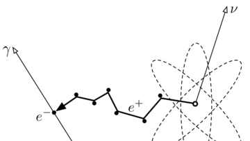 Mit dunklen Pfeilen und Linien ist der Annihilationsprozess von Elektron und Positron vor hellem Hintergrunddargestellt.