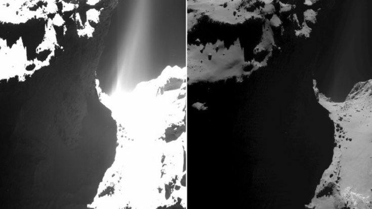 Oberfläche von Komet Tschurjumow-Gerasimenko, Bildquelle: ESA/Rosetta/MPS/UPD/LAM/IAA/SSO/INTA/UPM/DASP/IDA; Lizenz: gemäß den Bedingungen der Quelle Grauschattierungen, auf denen sich eine Fontäne erkennen lässt.