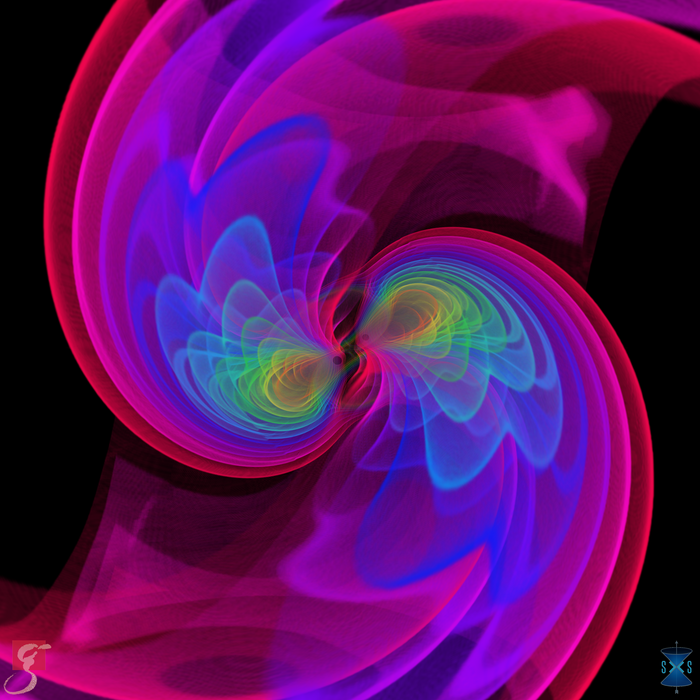 Simulierte Gravitationswellen Ineinander verwirbelte Kreise in unterschiedlichen Schattierungen und in Form eines Strudels.