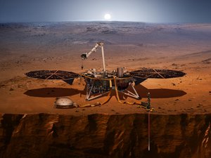 Die Abbildung zeigt eine künstlerische Darstellung der Raumsonde InSight mit ihren Sensoren, Kameras und Instrumenten auf der Marsoberfläche.