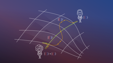 Das Bild zeigt zwei Pfade, auf denen sich der quantenmechanische Zwilling gleichzeitig bewegt. Die Pfade treffen sich anschließend wieder und der Zeitunterschied entlang der zwei Pfade lässt sich messen.