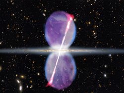 Das Schwarze Loch von der Seite gesehen, die Akkretionsscheibe ist nur ein waagrechte Linie, darüber und darunter liegen zwei längliche, violette Blasen, durch die Blasen zieht sich jeweils ein schräger, pinkfarben-leuchtendr Jet