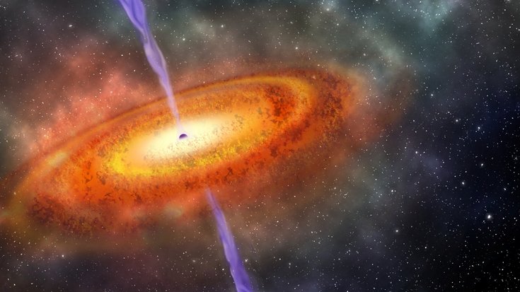 Künstlerische Darstellung eines supermassereichen Schwarzes Lochs, Bildquelle: Robin Dienel/Courtesy of the Carnegie Institution for Science; Lizenz: gemäß den Bedingungen der Quelle Materiescheibe mit dunklem Objekt in der Mitte