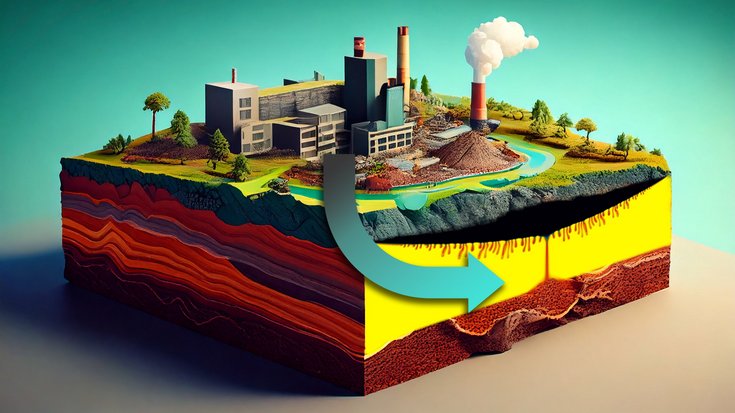 CO2-Speicherung | Bildquelle: Florian Aigner/TU Wien Modell: Auf der Erdoberfläche steht eine Fabrik mit einem rauchenden Schornstein. Von ihr aus zeigt ein Pfeil unter die Erde, die man im Anschnitt sein. Man sieht, wie eine braune Masse langsam in eine gelbe Schicht unter der Erde einsickert.
