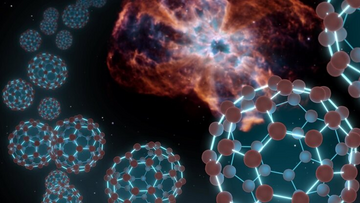 Illustration von fußballförmigen Molekülen aus 60 Kohlenstoff-Atomen