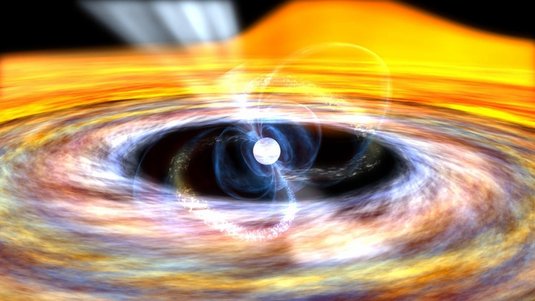 Eine Scheibe um einen Stern. Im Zentrum ist die Scheibe durchbrochen, stattdessen strömt Material entlang von Magnetfeldlinien.