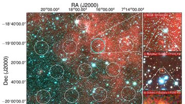 Links große Himmelsaufnahme mit vielen Sternen und Galaxien. Rechts eine Bildreihe mit sukzessive höherer Vergrößerung. Im letzten Bild ist eine elliptische Galaxie zu erkennen.