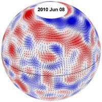 Pfeile zeigen die Bewegung der Supergranulen auf der Sonnenoberfläche. Die Verteilung der Pfleile zeigt ein großräumiges Muster. 
