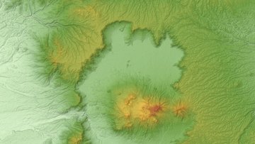 Grünliche Satellitenaufnahme des Vulkans Aso und seiner Umgebung