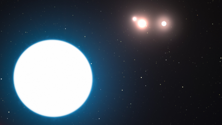 Drei weit entfernte Leuchtpunkte und ein näherer größerer Leuchtpunkt