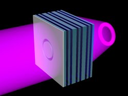 Ultraviolettes Licht fällt durch einen Block, der aus verschiedenen Schichten Material besteht. EIne ringförmige Struktur auf der Vorderseite des Blocks wird durch das Licht hinter dem Block genau gleich abgebildet.