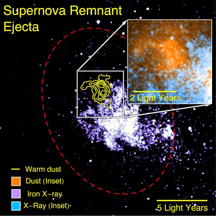 Supernovaüberrest Sagittarius A Ost Diffuse Wolke (Röntgenstrahlung des heißen Gases) mit überlagerten Kontourlinien (Infrarotstrahlung des Staubs).