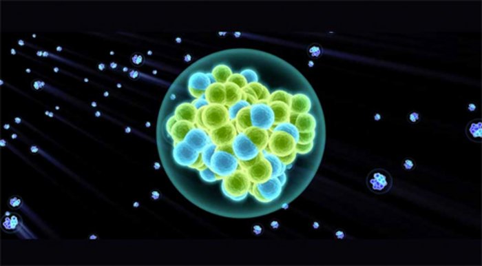 Element 117 Grafische Darstellung eines superschweren Elements. Im Kern sind die Protonen und Neutronen als eng gepackte Kügelchen zu erkennen.