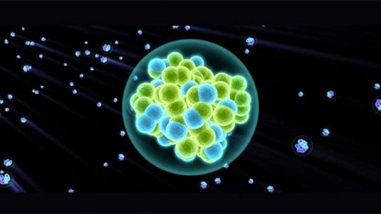 Grafische Darstellung eines superschweren Elements. Im Kern sind die Protonen und Neutronen als eng gepackte Kügelchen zu erkennen.