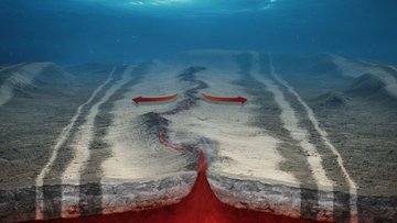 Grafische Darstellung des Meeresbodens: Durch eine graue Erdoberfläche unter Wasser verläuft ein Riss. Darunter zeigt rötliche Färbung das Magma an, dass sich unter dem Riss befindet.