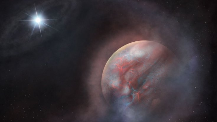 Ein großer Planet ist in eine Wolke gehüllt, die sich bis zu einem weißen, hell strahlenden Punkt in entfernter Umgebung ausbreitet.