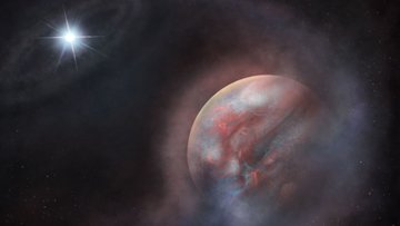 Ein großer Planet ist in eine Wolke gehüllt, die sich bis zu einem weißen, hell strahlenden Punkt in entfernter Umgebung ausbreitet.