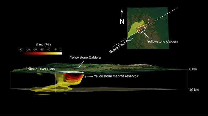 Eine Grafik zeigt in einem kleinen Ausschnitt die geografische Lage des Vulkans und in einem größeren Bild eine rot und gelb eingefärbte Kammer im Berg