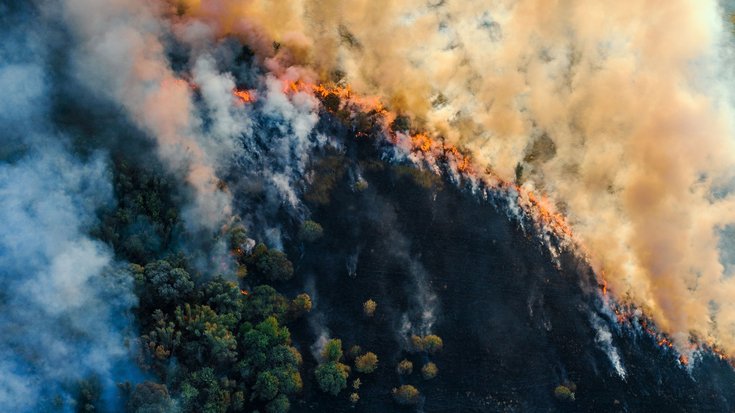 Luftaufnahme eines Waldbrandes im Gebirge